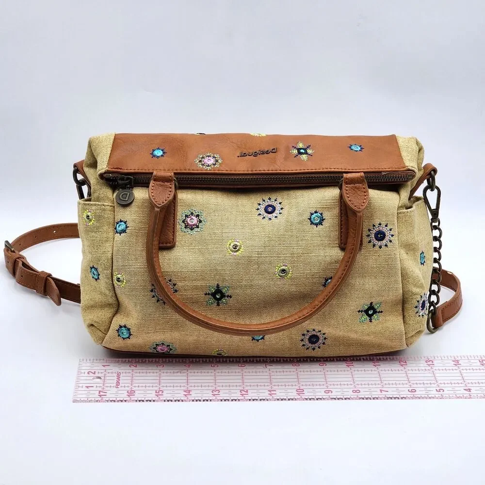 Desigual Mandalas Embroidered Julietta Loverty Canvas Satchel Bag Tan Brown HTF